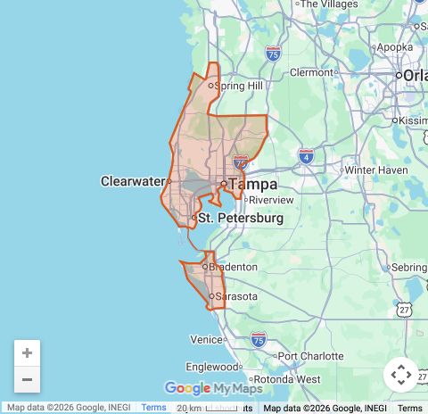 Archived Tampa Bay map showing the original outlined area; Tampa service is currently inactive.